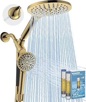 Dual Filtered Rain Shower Head Combo, High Pressure Handheld Shower Head with Adjustable Bar - Rainfall Shower Head And Showerhead with Filter for Hard Water - Removes Chlorine(Gold)