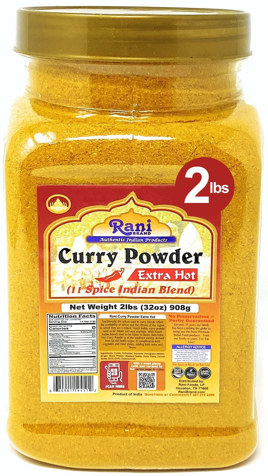 Rani Curry Powder EXTRA HOT (11-Spice Authentic Indian Blend) 32oz (2lbs) 908g PET Jar ~ All Natural | Salt-Free | Vegan | No Colors | Gluten Friendly | NON-GMO | Kosher | Indian Origin