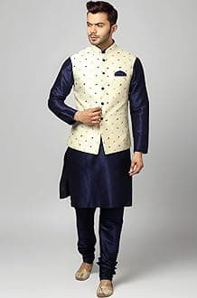 Men's Silk Blend Kurta Churidar Pyjama with Ethnic Bundi Jacket Set