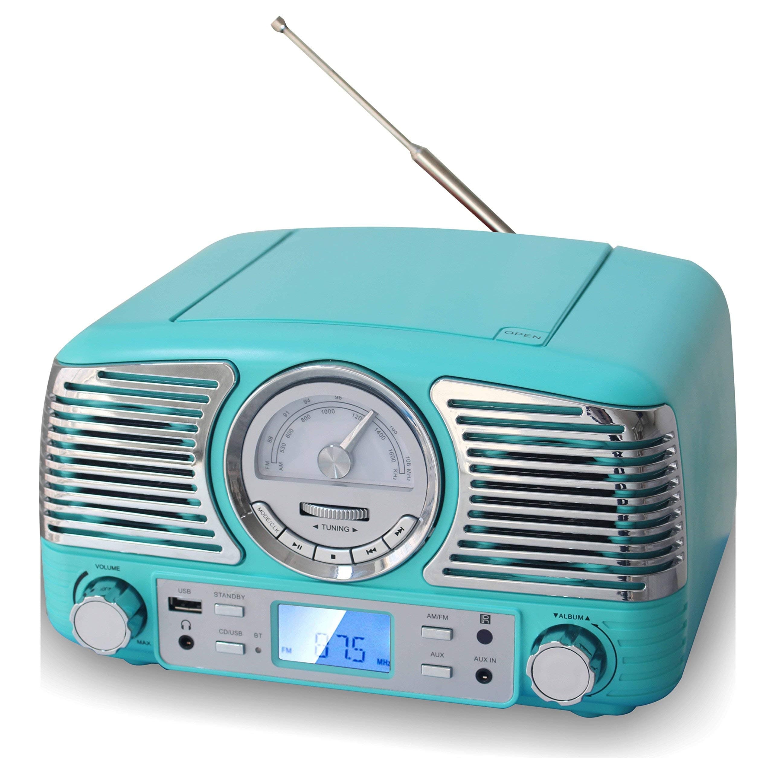 TechPlay QT62BT, Retro design compact stereo CD, with AM/FM rotary knob, Wireless Bluetooth reception, SD and USB ports. With AUX in and headphone jack (TURQOUISE)