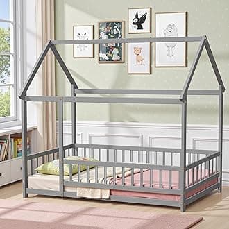 LLS Twin Floor Bed Frame with Roof, Wooden Montessori Bed with Fence, House Bed for Boys Girls Bedroom, Gray