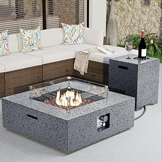 COSIEST Outdoor Propane Fire Pit Coffee Table w Square Faux Stone 35-inch Base, Certified, 50,000 BTU Stainless Steel Burner, Free Lava Rocks and Rain Cover, Wind Guard, Tank Cover,Gray