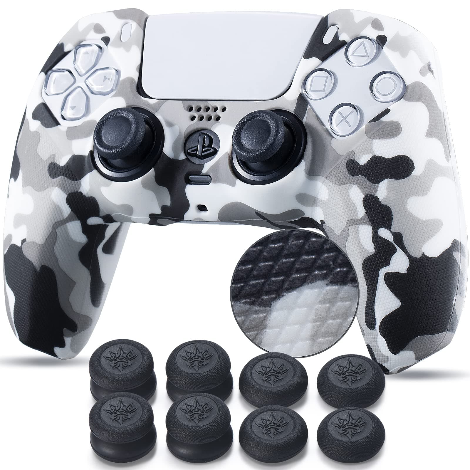 Studded Printing Silicone Cover Skin Case for PS5 Controller x 1(White) with Pro Thumb Grips x 10