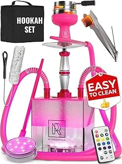 Pink Hookah Set with Everything - Hookah Set 2 Hose - YADO Square Shisha To Go with Hooka Charcoal Holder and Big Silicone Pink Bowl and Bag for Shisha Hooka Set