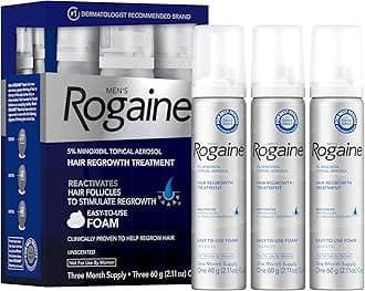 - Men’s Rogaine 5% Minoxidil for Men Foam, Clinically Proven Regrowth for Thinning Hair, Topical Hair Loss Treatment, Unscented Topical Aerosol, Results in 8–16 Weeks, 3-Month Supply, 3 x 2.11 oz
