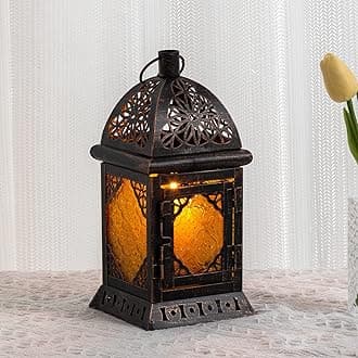 DECORKEY Vintage Large Size Decorative Ramadan Candle Lantern, Moroccan Style Hanging Lantern, Metal Tabletop Lantern Decor, Christmas Candle Holders for Outdoor Patio (Amber)