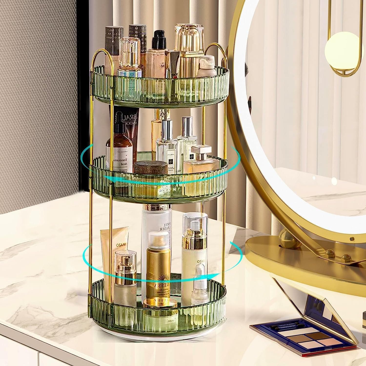 360° Rotating Makeup Organizer and Storage for Vanity, Large Capacity Skincare Perfume Organizers, Sturdy Clear Cosmetic Dresser Organizer Countertop for Bathroom, Bedroom (3 Tier, Green)