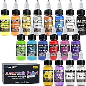 HOMY ARTY Airbrush Paint - 16 Colors with 2 Thinner, Ready to Spray, Water-Based, Acrylic Air Brush Paints for Metal, Plastic Models, Canvas, Wood - 18 Bottles