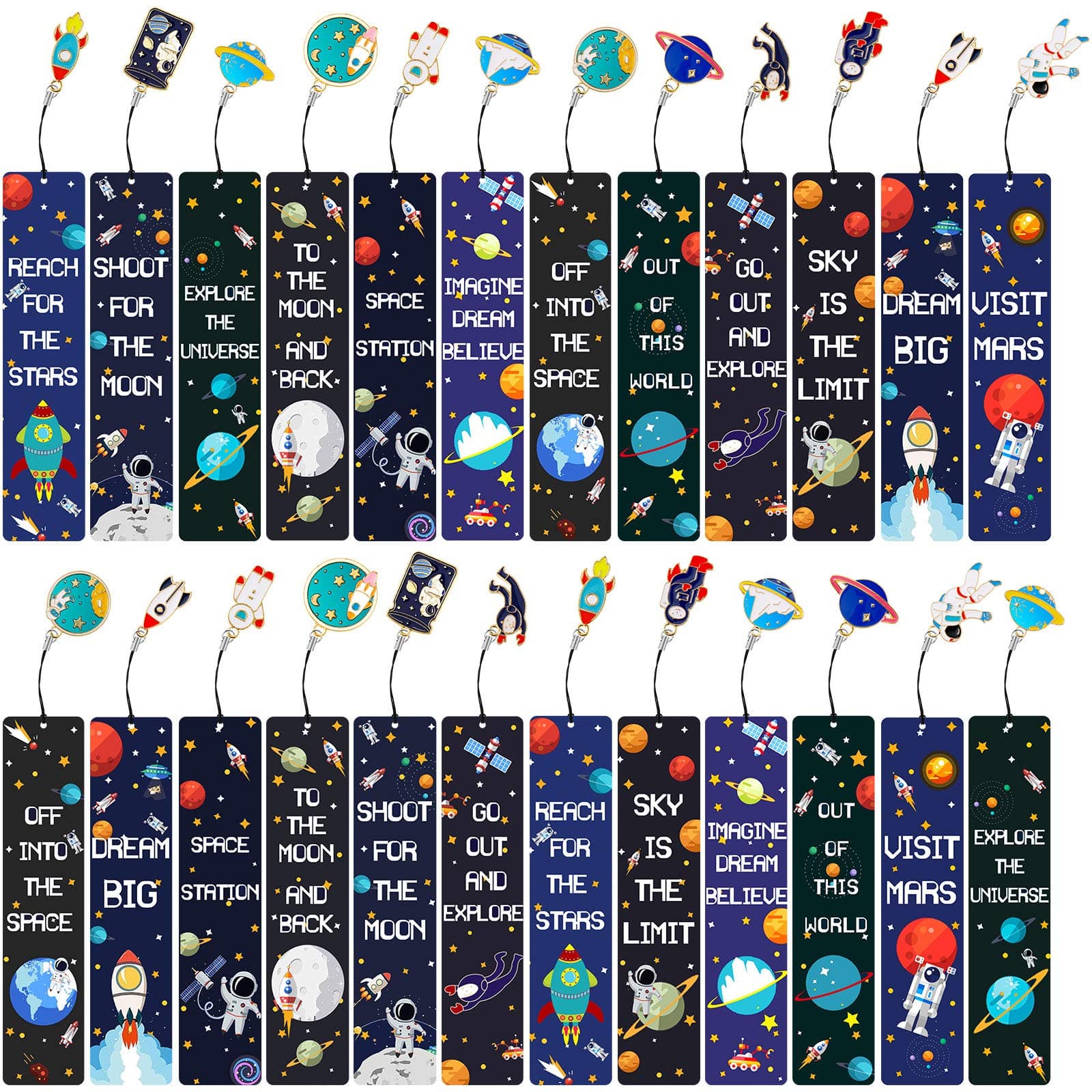 24 Pack Space Bookmarks Bulk for Kids, Outer Space Themed Party Favors, Astronaut Rocket Planet Galaxy Theme Birthday Party Favors, Bookmarks with Metal Charms for Boys Girls, Classroom Rewards Gifts