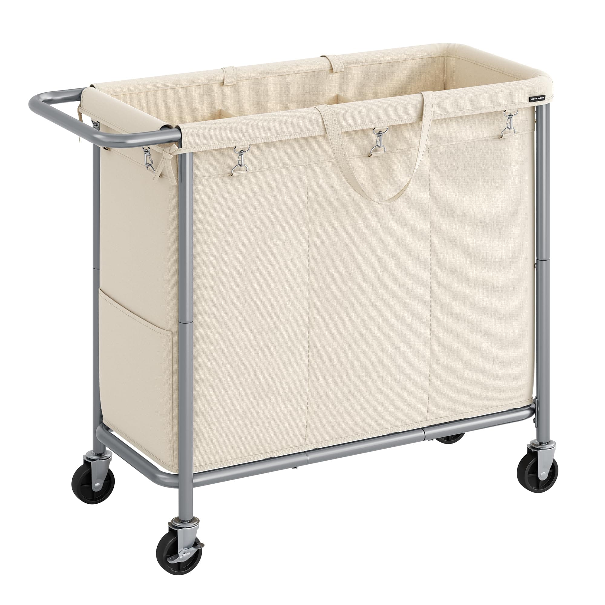 Laundry Basket with Wheels, 3-Section Rolling Laundry Hamper, 52.8 Gallons (200 L), Removable Liner, Steel Frame with Handle, 35.8 x 15.4 x 31.9 Inches, Cream White URLS005W01