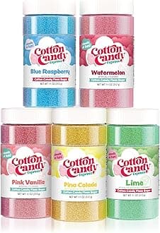 Floss Sugar Variety Pack 5 - 11oz Plastic Jars of Lime, Watermelon, Pina Colada, Blue Raspberry, Pink Vanilla Flossing Sugars. Use with Cotton Candy Express countertop machine