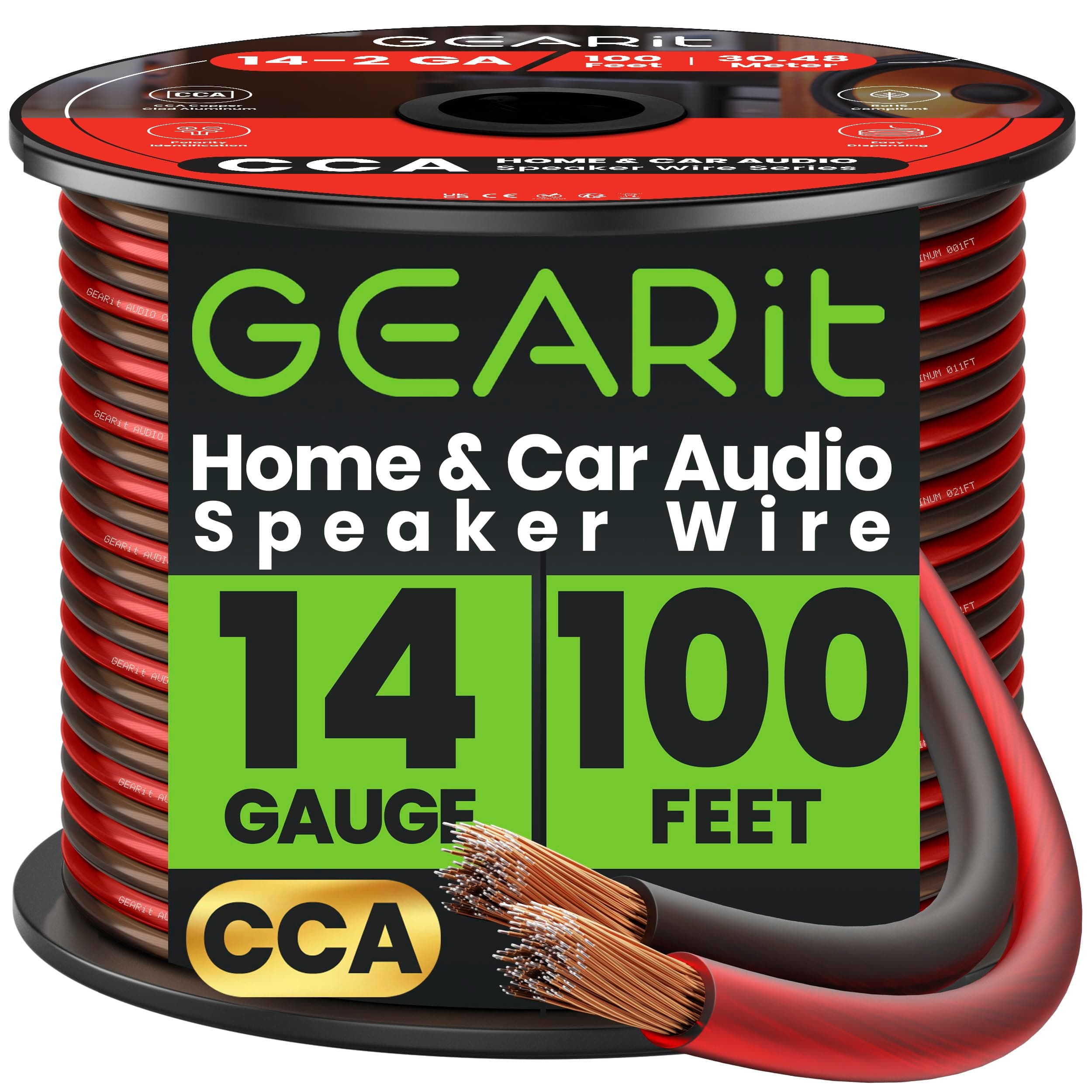 GEARit 14 Gauge Speaker Cable 100ft, 2x2.5mm² CCA Copper Clad Aluminum Speaker Wire for Hifi Home Theater Speakers & Car Audio Stereo, 14AWG Flexible Audio Cable for DIY (30.48M - Black Red)