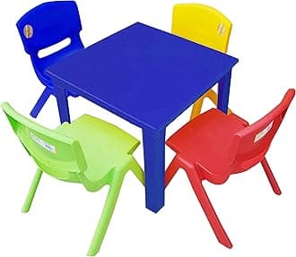 Strong Kids Children Table and Chairs Set for Study, Activity Garden Indoor (Blue Table + 4 Chairs Mix)