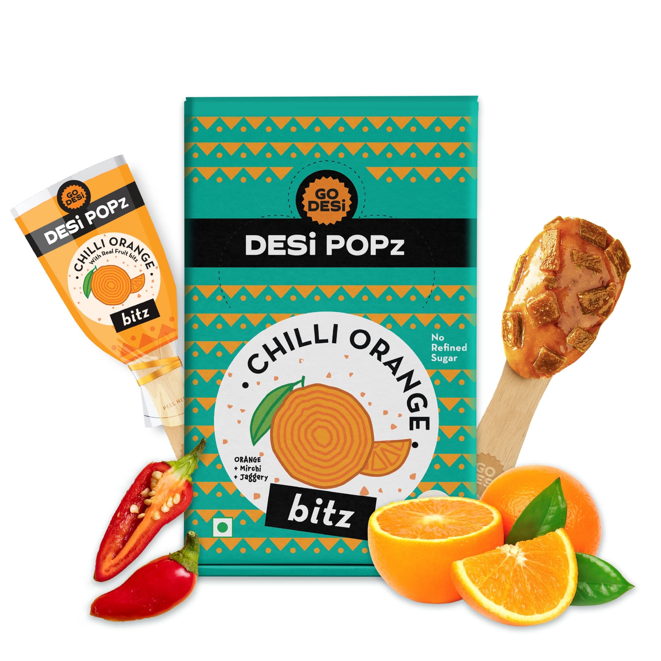 GO DESi Popz with Bitz - Chilli Orange Pop | Orange & Chilli Candy | Fruit Toffee | Indian Snacks | 50 Pieces | 400g Candy Packet