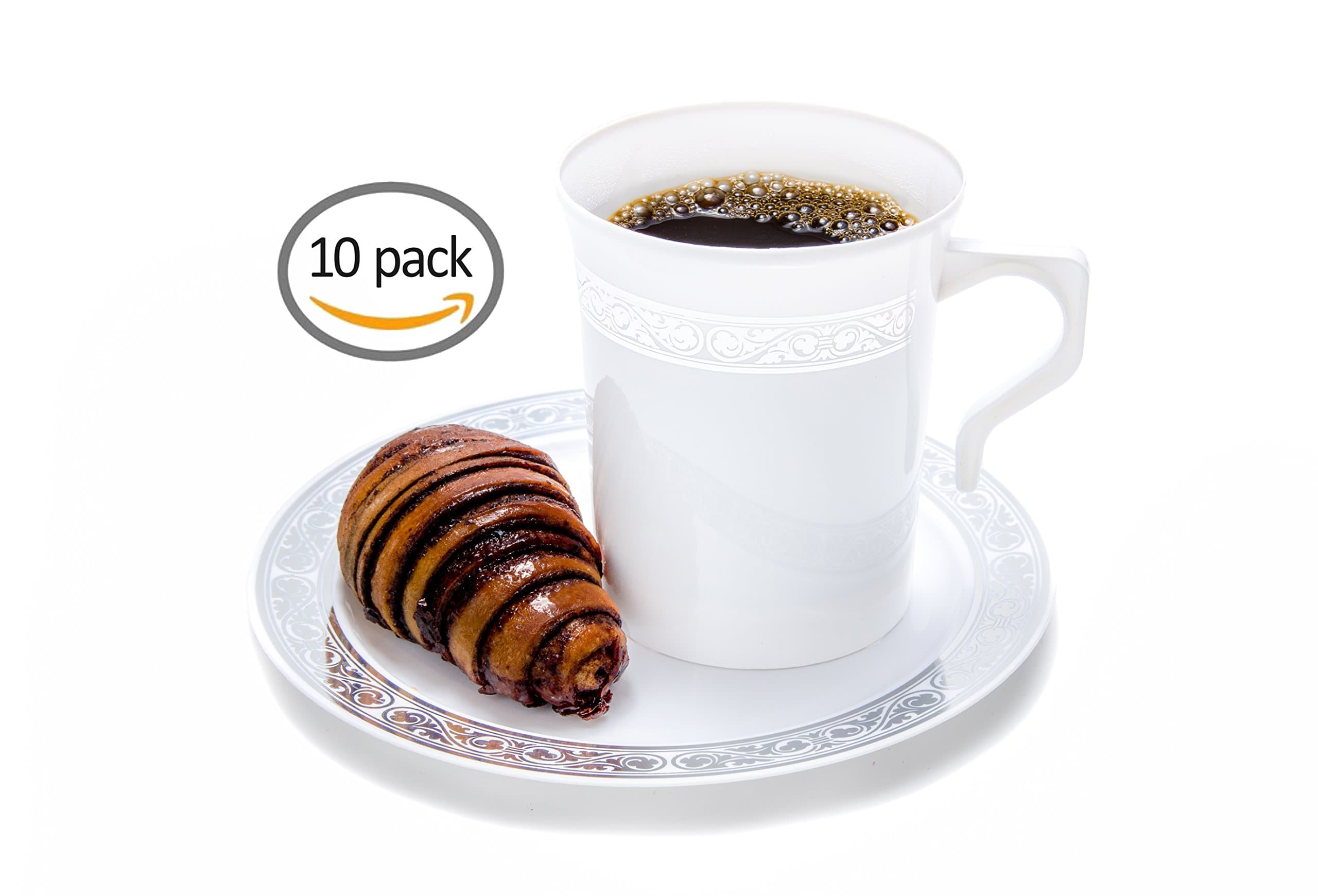 8 Oz Plastic Coffee Mugs With Matching 6 Inch Plates, White With Silver Rim Great For Serving Tea Coffee Or Any Drink. (10)