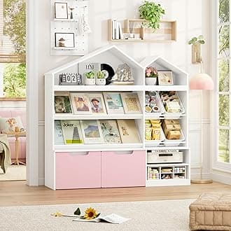FACBOTALL Toy Organizers and Storage, Small Bookcase and Pink Bookshelf with 2 Drawers and 4 Mobile Toy Boxes, Playroom Organization and Storage, Toy Storage Organizer for Living Room