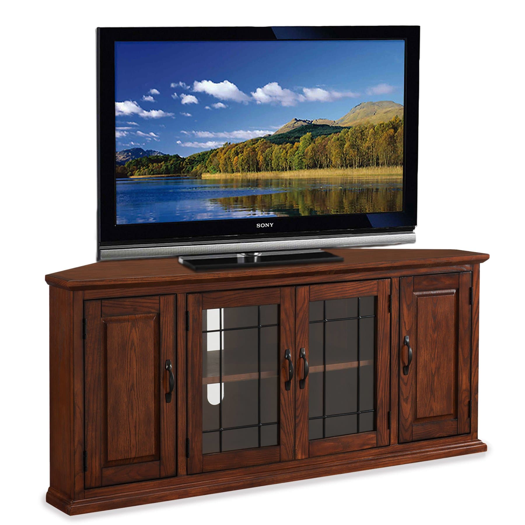 Leick Home Riley Corner TV Stand 60 in, Burnished Oak, Solid Wood, Beveled Tempered Glass, Blackened Hardware, Adjustable Shelf, Easy Assembly, 56 in L x 20 in W x 25 in H, Item 80386