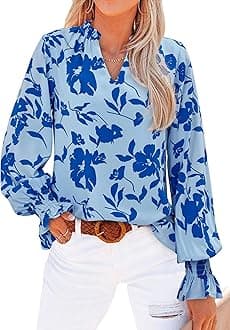 Womens V Neck Floral Long Sleeve Tops 2026 Summer Casual Loose Puff Sleeve Chiffon Boho Work Blouse Dressy T Shirts