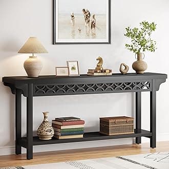 Tribesigns 70.8-Inch Solid Wood Long Console Table, Farmhouse Entryway Table with Storage, Narrow Sofa Table Grey Couch Table for Living Room Entryway Hallway (Black)