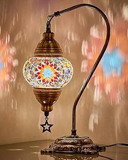DEMMEXTurkish Table Lamp Moroccan Bedside Light Handmade Tiffany Mosaic Glass Boho Artisan Accent Lighting for Bedroom Living Room, Antique Brass Finish – 15" H, Multicolor