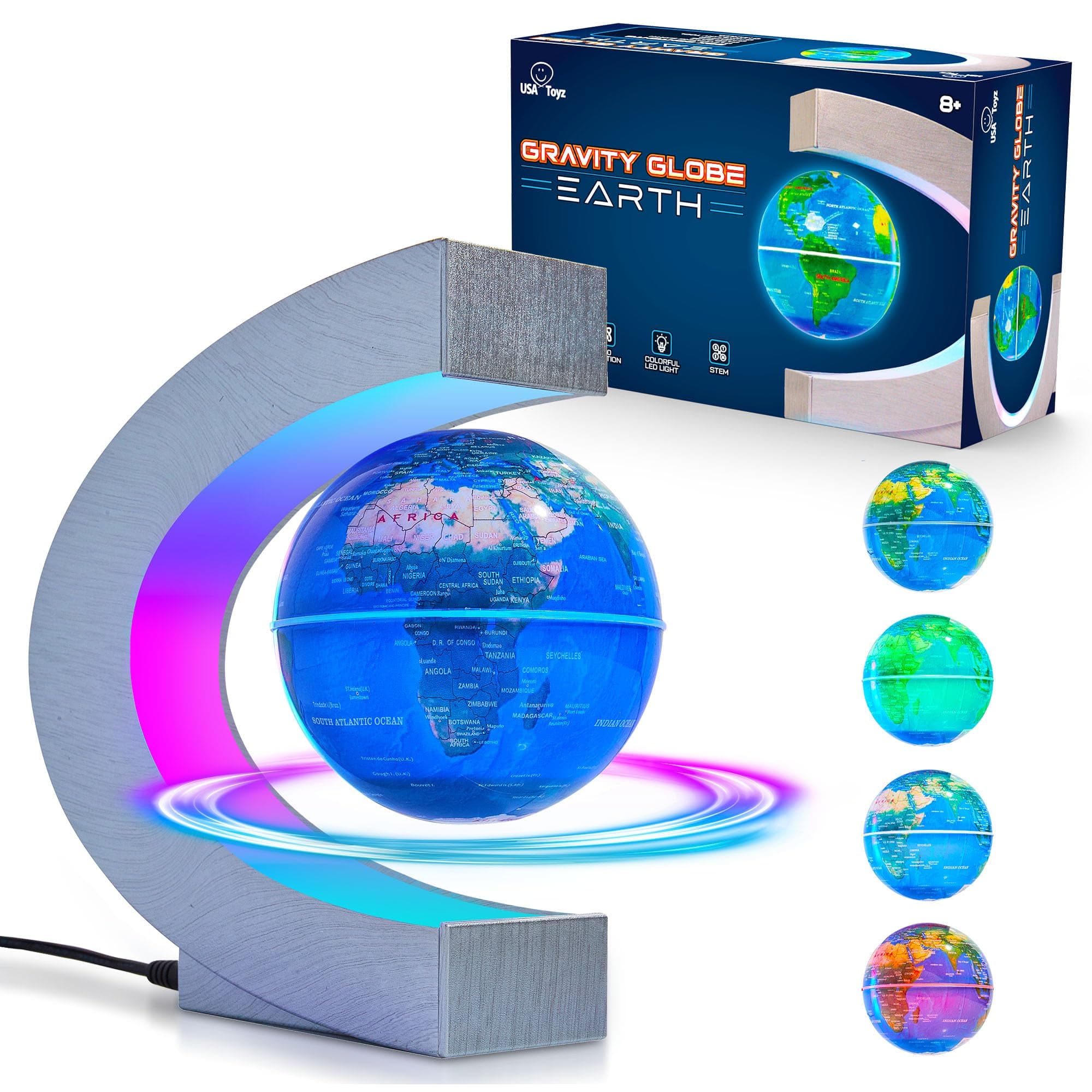 USA Toyz Gravity Globe Earth Ball and C Frame Set - Magnetic Levitating Lamp with Multicolor LED Lights, Spinning Rotating Floating Globe for Desk, Stand Compatible Gravity Planets