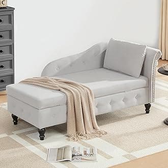 Chaise Lounge Indoor with Storage, Modern Nailhead-Trimmed Tufted Lounge Chair, Upholstered Chaise Lounges Couch with Pillow for Living Room, Bedroom, Office, Light Grey, Left Armrest