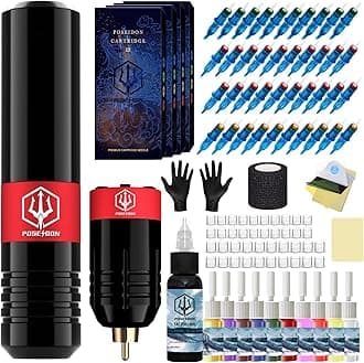 Tattoo Kit, POSEIDON Rotary Tattoo Pen Kit for Beginners, Wireless Tattoo Machine Kit with Power Supply and 40 Pcs Tattoo Cartridge Needles, Tattoo Gun with for Artists(TK023)