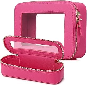 Clear Travel Makeup Bag with Brush Case Portable Transparent Cosmetic Bag and Toiletry Bag Waterproof Makeup Organizer with Zipper Car Essential for Women (Fuxia, M+Slim)