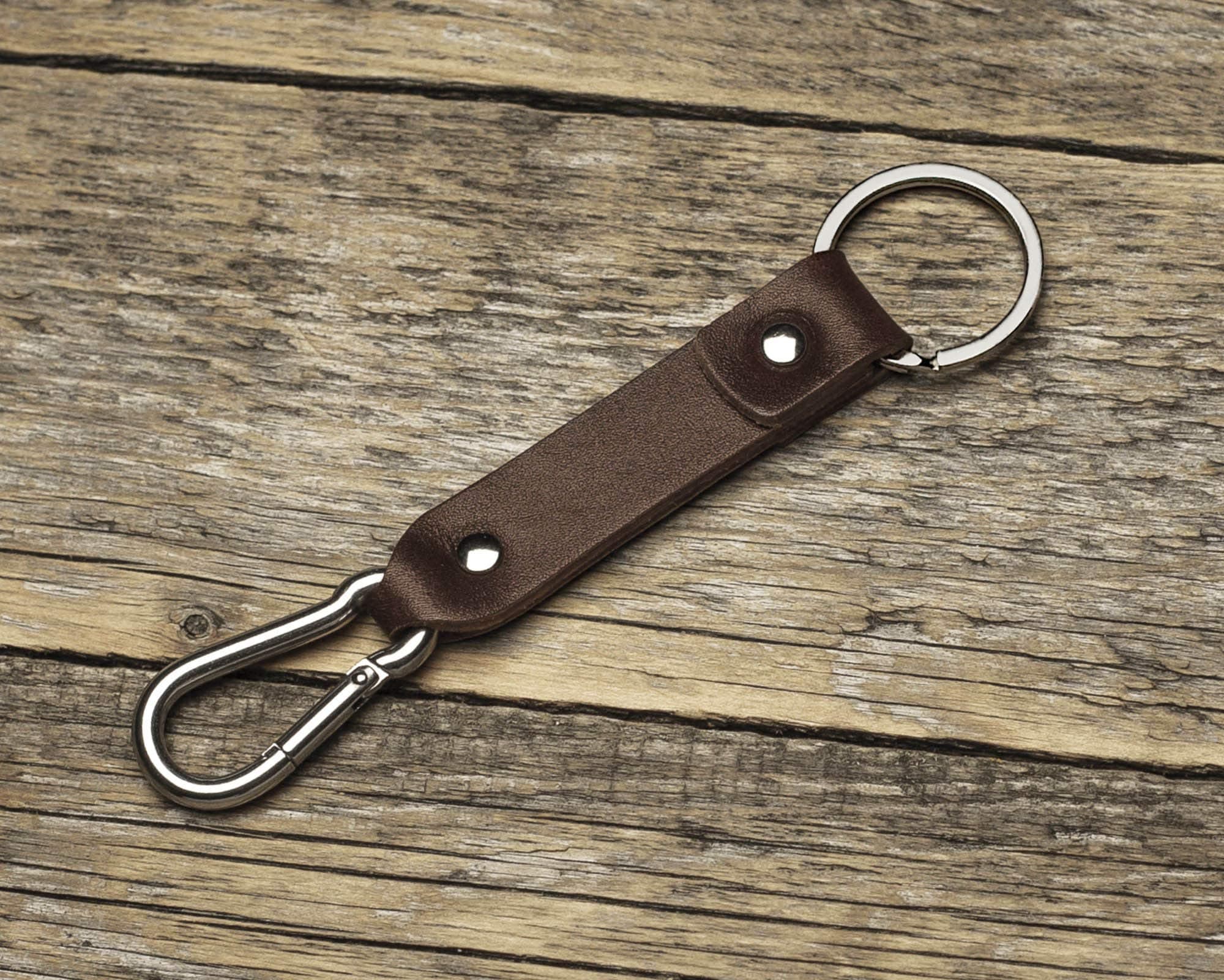 Brown leather key fob, custom ring, carabiner hook keyring