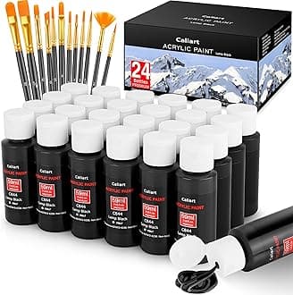 Caliart Black Acrylic Paint with 12 Brushes, 24 Art Craft Paints (59ml, 2oz) ...