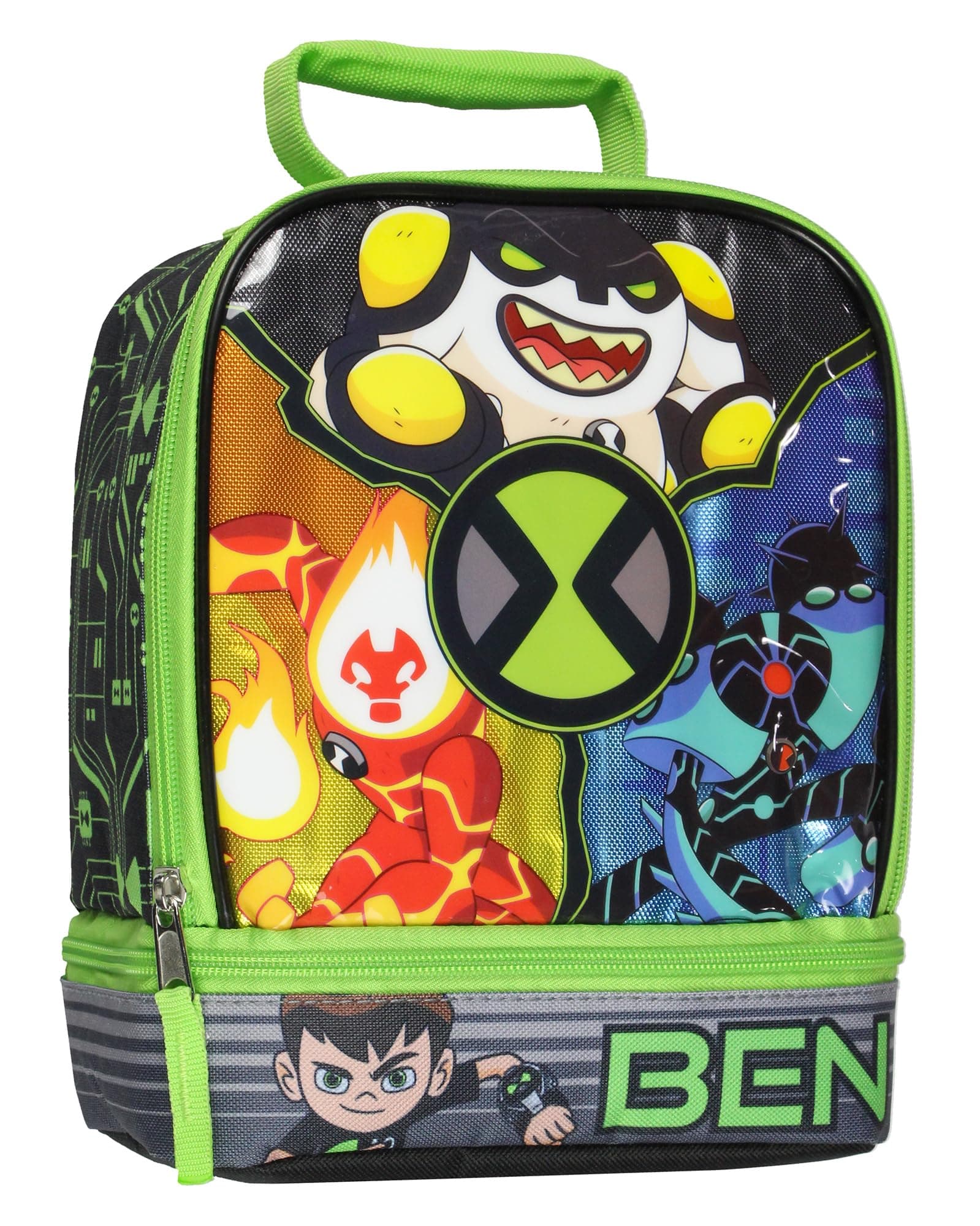 Ben 10 Omnitrix Alien Force Insulated Dual Compartment Lunch Bag Tote For Hot And Cold Food, Drinks, And Snacks 10"