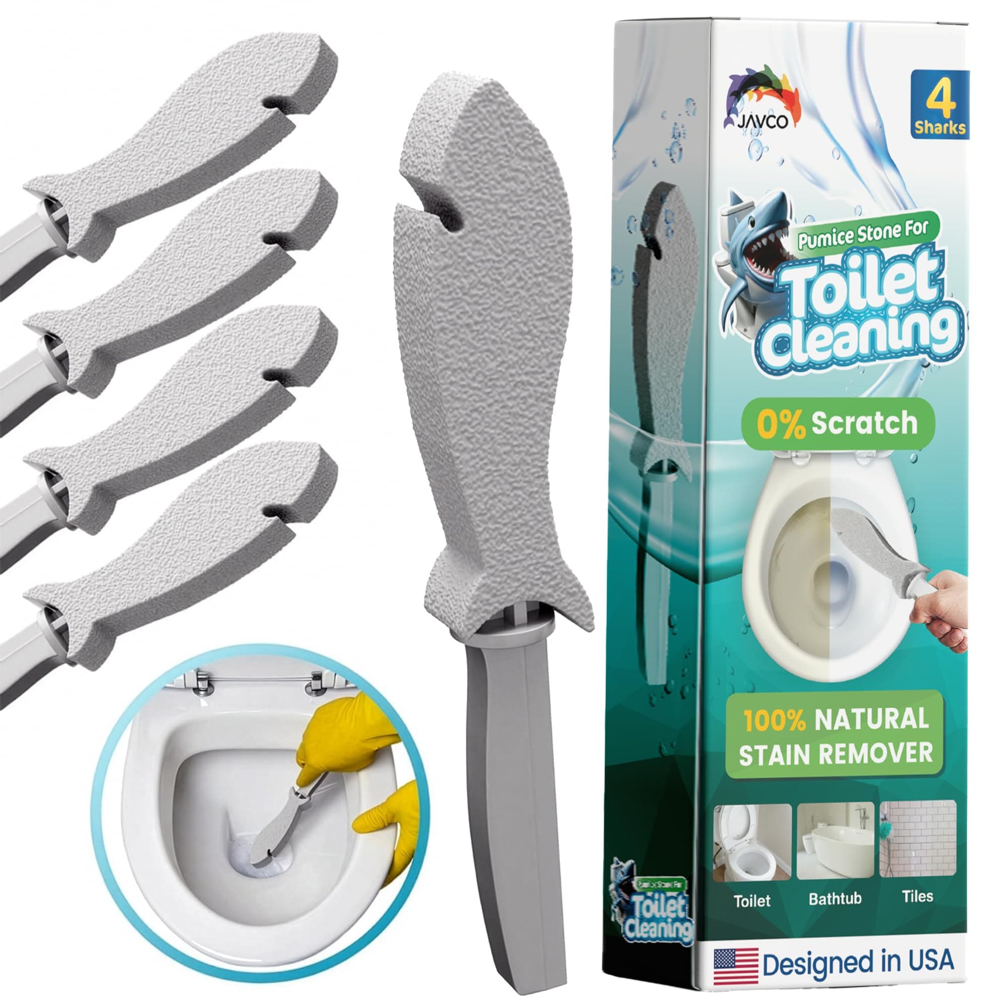 Pumice Stone for Cleaning with Handle (4 Pack) – Scrubbing Stone for Porcelain, Ceramic and Tile, Pumiceshark for Toilet Cleaning (4, Value Pack)