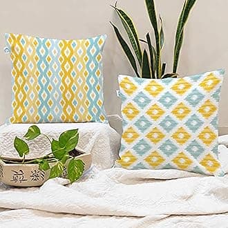 STITCHNESTSTITCHNEST Set of 2 Polycotton Cushion Covers – 24x24 Inches – Yellow & Aqua Ikat-Inspired Geometric Print – Vibrant Cushion Covers for Sofa, Couch & Living Room Decor