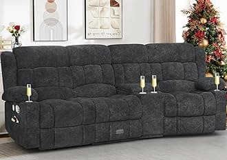 Recliner Sofa with Storage Console, Flip Middle Backrest Design 3 Seat Reclining Sofa with Storage Drawer, USB Ports & Cup Holders, Manual Couch for Living Room (Gray, 3 Seater + Console)