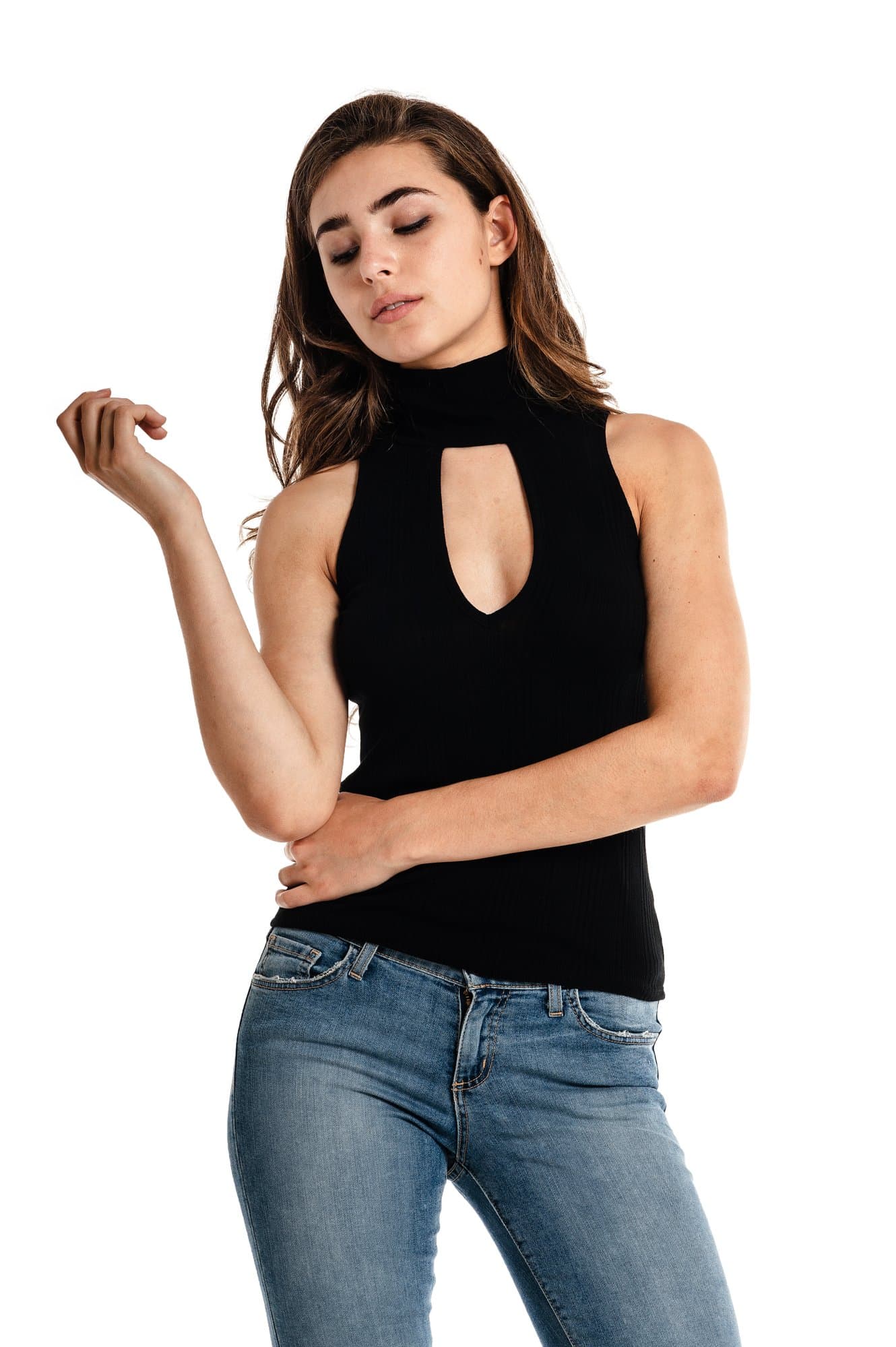 Turtleneck Sleeveless Chest Cutout Top (Small, Black)