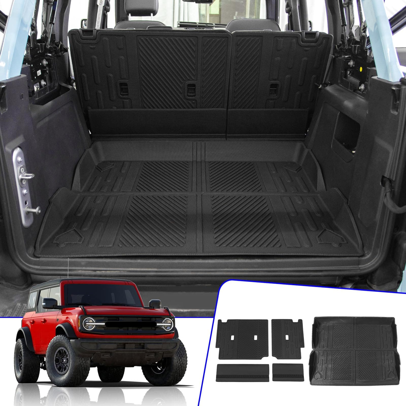 Rongtaod Cargo Mat Compatible with 2021-2025 2026 Ford Bronco 4 Door Trunk Mat Cargo Mat Cargo Liner Back Seat Cover Protector 2025 Bronco Accessories (Trunk Mat+Backrest Mats)