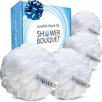 - SHOWER BOUQUET Loofah Soft-White-Cloud XL Bath-Sponge 4-Pack // Extra Large 75g Mesh Loofa Lufa Pouf Set for Men and Women - Exfoliate with Big Gentle Cleanse Scrubber in Beauty Bathing Accessories