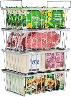 iSPECLE Deep Freezer Organizer Bins - 4 Pack Medium Stackable Freezer Organizer for 5 Cu Ft Chest Freezer Sort Frozen Food, Freezer Organizer Bins Easy Access to Bottom Food without Digging, Grey
