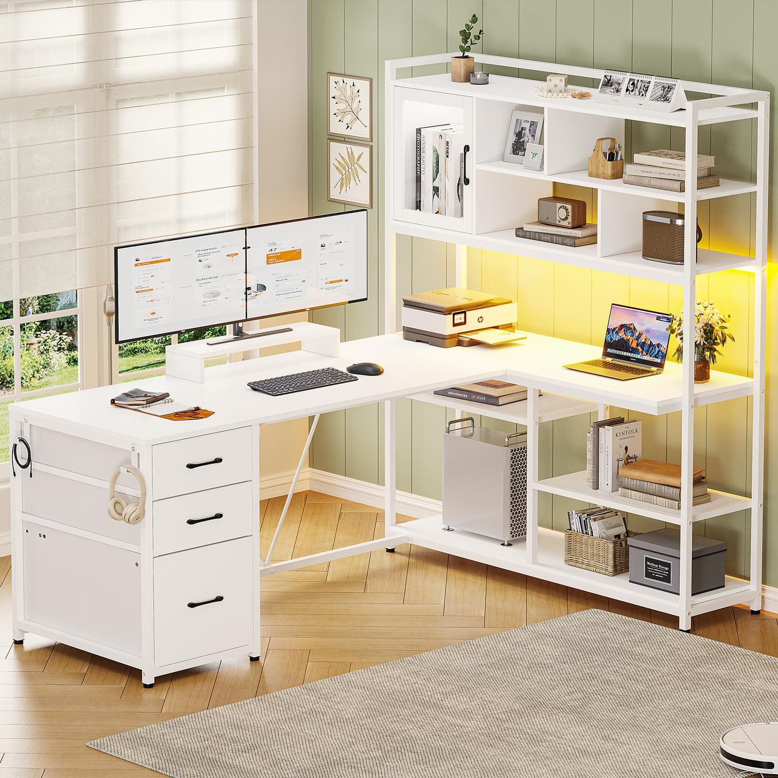SEDETA L Shaped Computer Desk, 58'' Office Desk with 3 Drawers and Bookshelf, L Shaped Corner Desk with Storage Shelves and LED Light for Home Office, Gaming Desk, L Desk, White