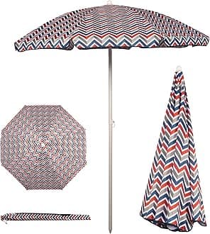 5.5 Ft Portable Beach Umbrella, Lightweight UV Protection Sunshade with Tilt Pole & Carry Bag, Outdoor Canopy Umbrella for Beach, Sand, Pool, Patio, Camping, Travel, or Backyard Shade, (Vibe Collection - Navy Blue, Orange, & Gray Pattern)