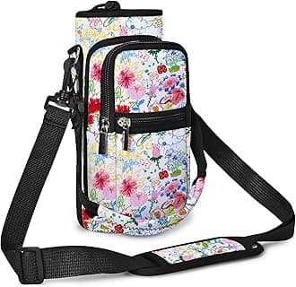 AUPET Water Bottle Sling Bag Sleeve Holder Carrier 25/32/40/64 oz,Insulated Crossbody Water Bottle Case Cover with Strap and Pockets for Men/Women Walking Hiking (Doodle-Style Flower, 25oz)