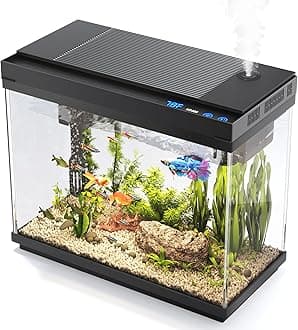 Fish Tank, 2.4 Gallon Fish Aquarium, Fish Tank Starter kit with Smart Humidifier, Temperature Display, 7-Color Lighting, 3 in 1 Quiet Pump with Filteration & Oxygenation & Circulation