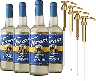 Torani Sugar Free Coffee Syrup, White Chocolate Flavored Syrup for Drinks, Zero Calorie, Glass Bottle 4-Pack, Pumps Included, 25.4 Fl Oz Ea