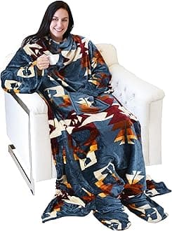 Wearable Fleece Blanket with Sleeves and Foot Pockets for Adult Women Men, Micro Plush Comfy Wrap Sleeved Throw Blanket Robe Large, Southwest Blue