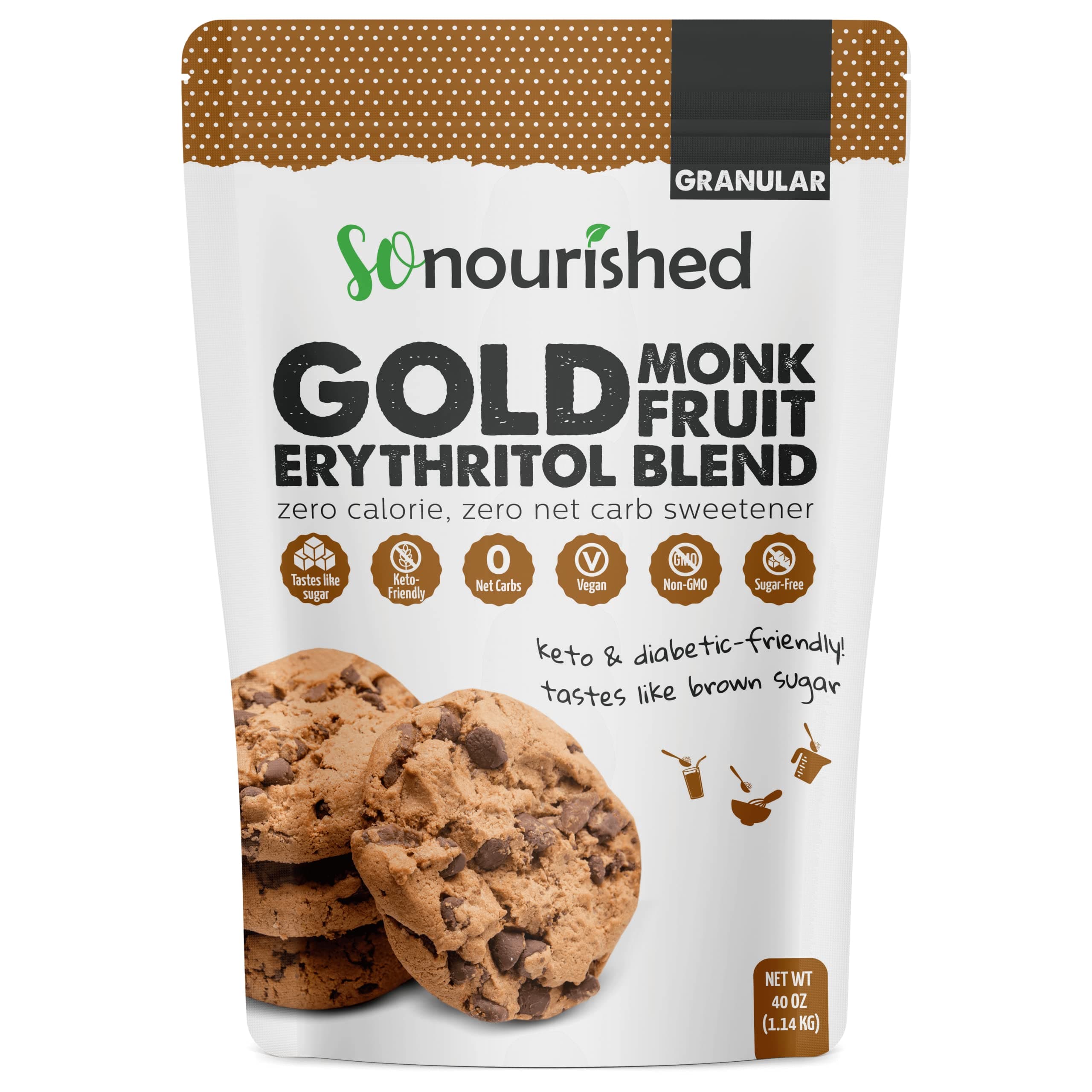 GOLD Brown Sugar Alternative Substitute 1:1 Sugar Replacement - Monk Fruit Erythritol Sweetener for Low Carb Dieters and Diabetics - No Calorie Sweetener, Non-GMO (2.5 Pounds)