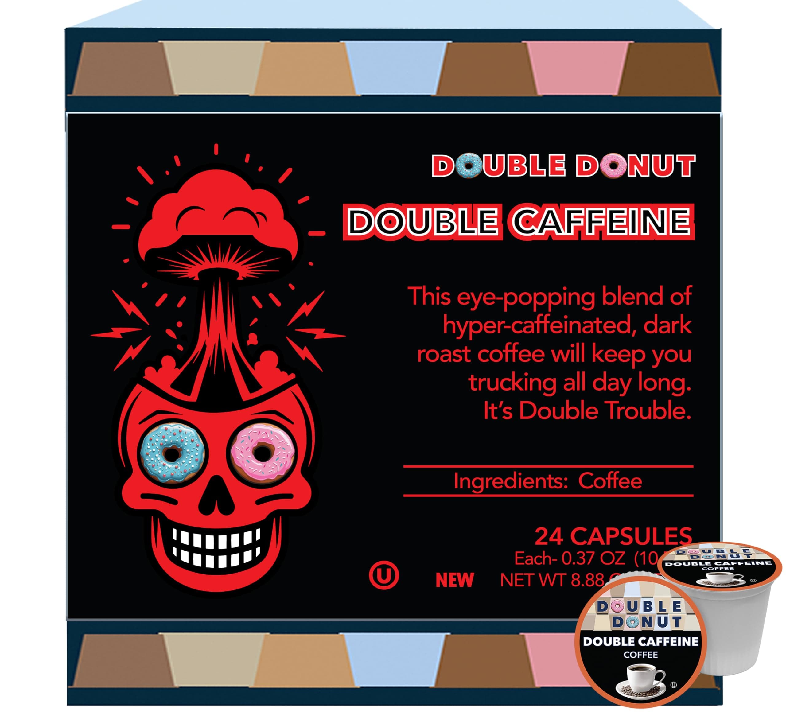Double Donut High Caffeine Coffee Pods, Extra Strong Double Caffeine Coffee Cups for Keurig K Cup Brewer Machines Single Serve Dark Roast Coffee, 24 Count