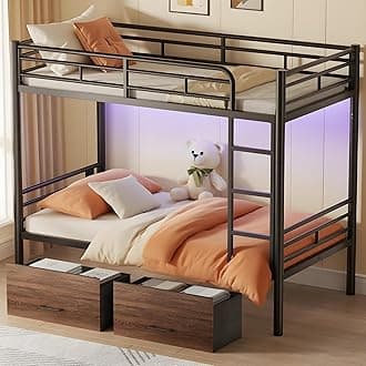 Metal Twin Bunk Bed with LED and USB Charging & Drawer for Bedroom,Small Space,Dormitory,Living Room,Convertible Bedframe/Under-Bed Storage & No Box Spring Needed, Black