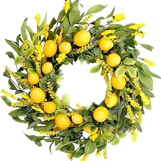 TEMPUS 20 inch Artificial Lemon Wreath Spring Summer Fruit Wreath with Yellow Lemon and Artificial Green Leaves for Front Door, Window and Wall Hanging Decorations, Holiday Decorations