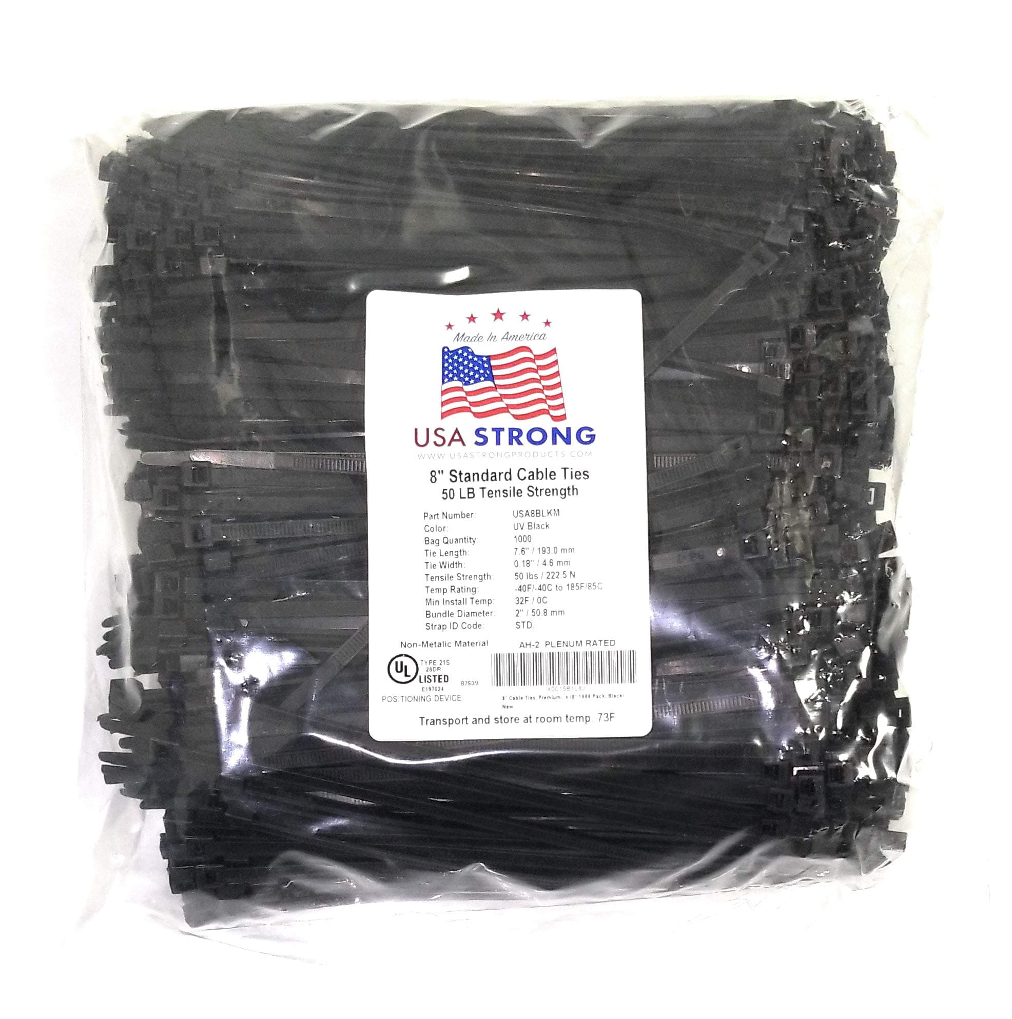 Cable Ties. Standard Duty 7.6 Inch Premium Nylon Wire Management Zip-Ties. 50 LB Tensile Strength. USA Strong Cable Ties (1000 Pack, UV Black)
