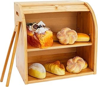 Zhenrui Bamboo Bread Box 2 Adjustable Layer Breadbox, Countertop Bread Storage Bin, Rolltop Breadbox with Toaster Tong, Farmhouse Style Bread Holder for Kitchen, Large Capacity Self-assembly